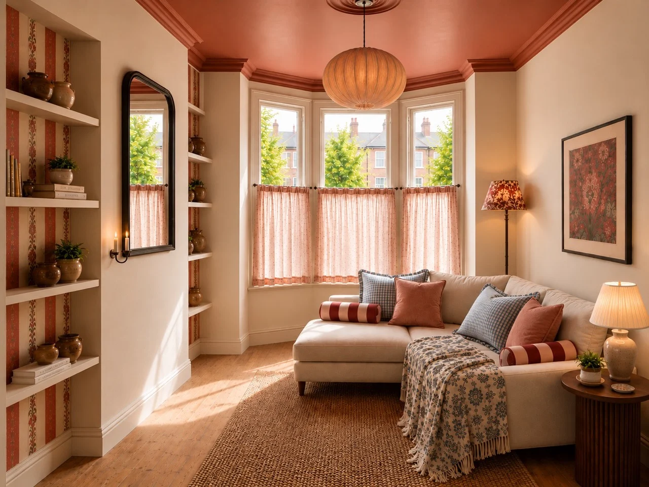 AI-generated visualisation of the planned front room: a coral ceiling, floral striped wallpaper in the shelved alcoves, a pleated pendant light, café curtains in the bay window and a cream sofa with striped bolster cushions