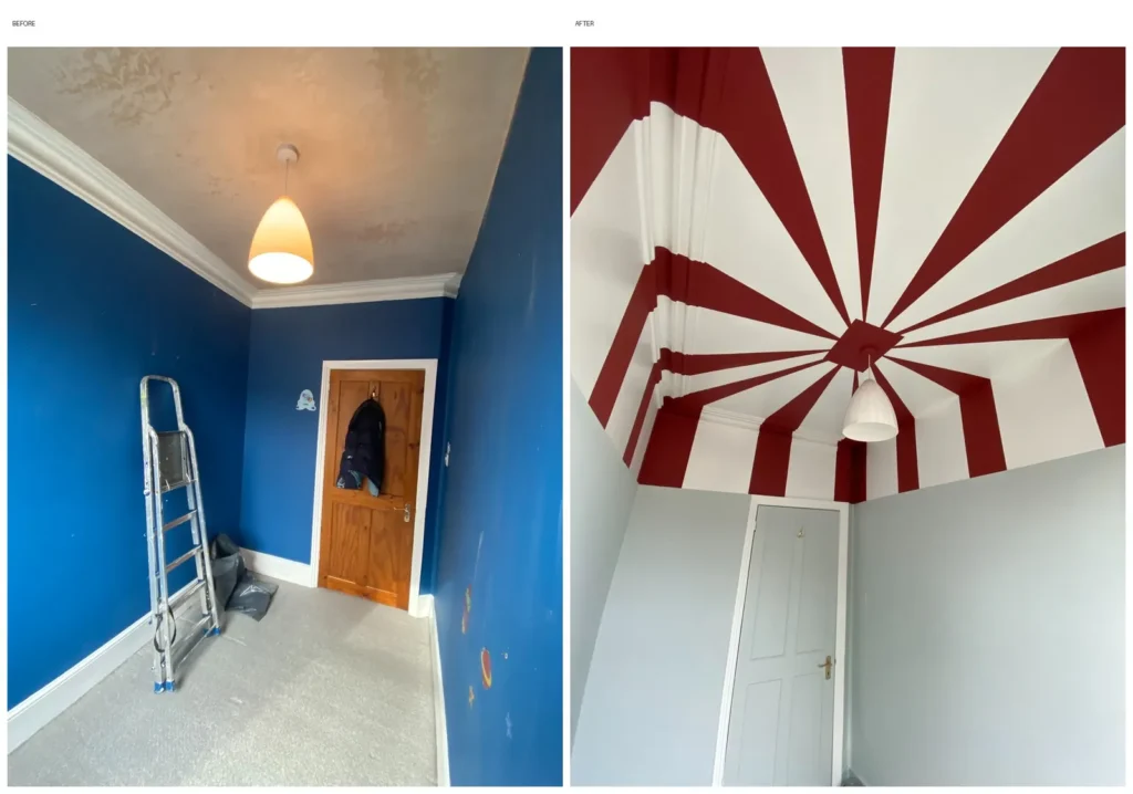Before and after of a child's bedroom: bright blue walls and a plain ceiling, then pale walls with a red and white circus-stripe ceiling