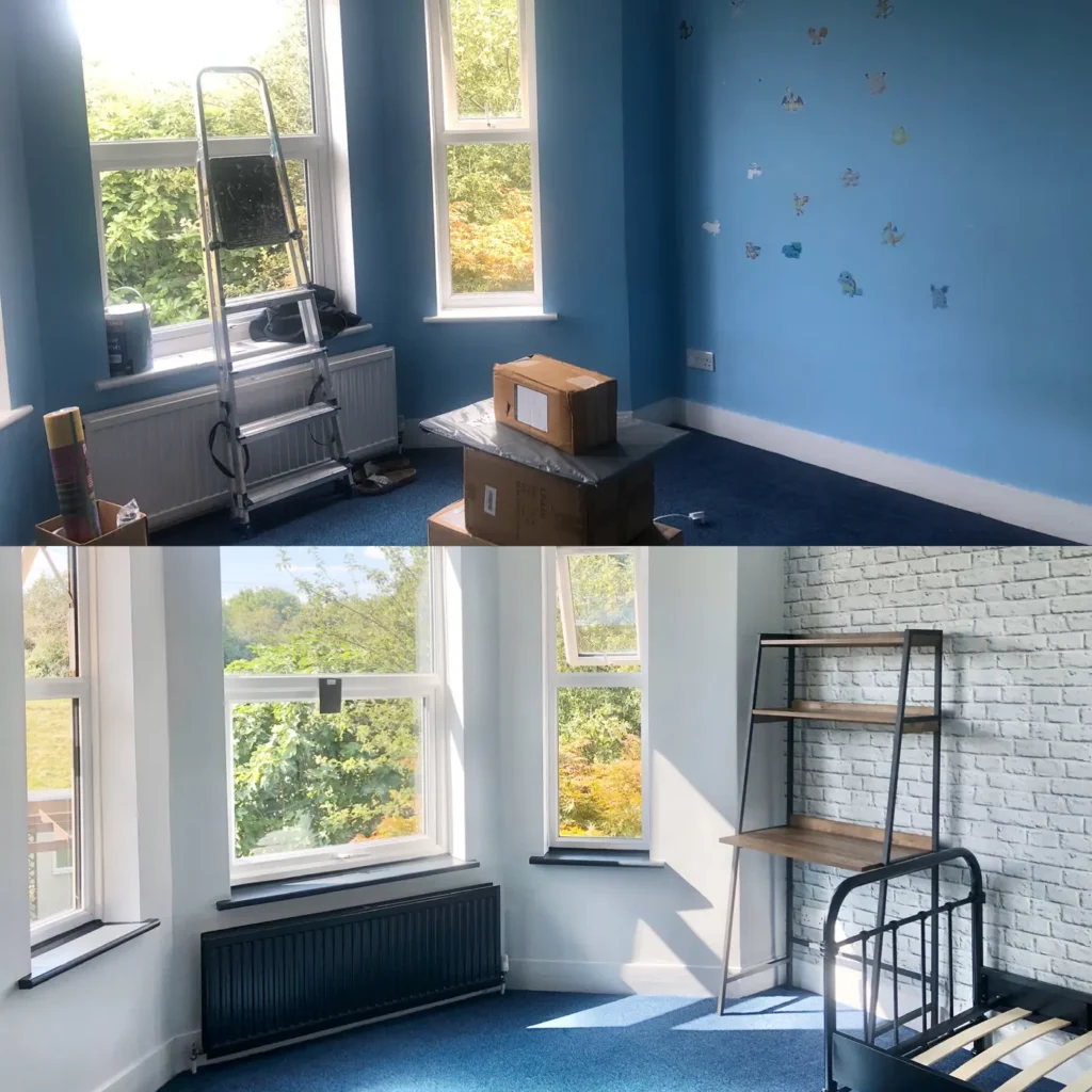 Before and after of a bay-window bedroom: blue walls with stickers, then white walls, white brick-effect wallpaper, a black radiator, a black metal bed and a ladder desk