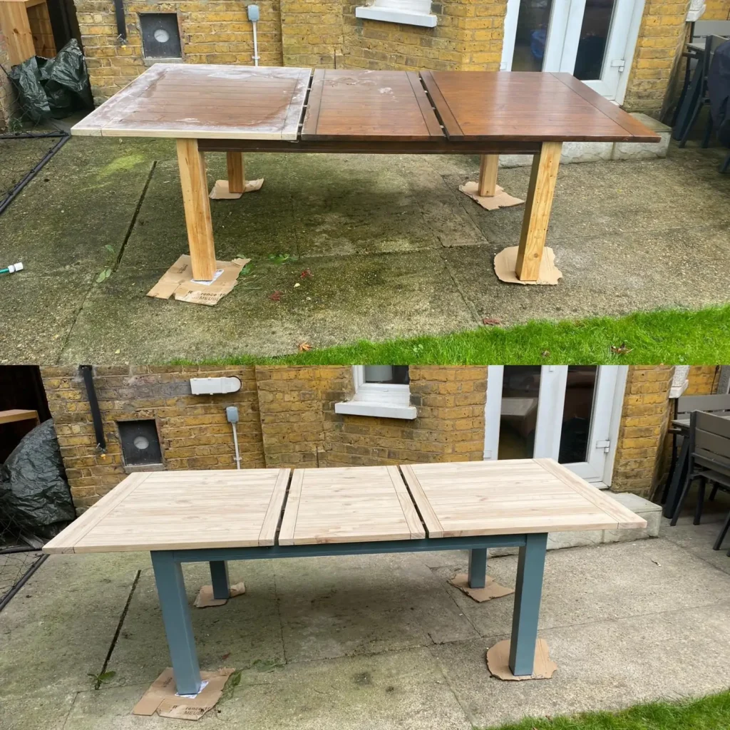 Before and after of an extending dining table: a dark stained wood top with the legs stripped to bare wood, then the whole table sanded back to pale timber with the legs painted muted blue-grey