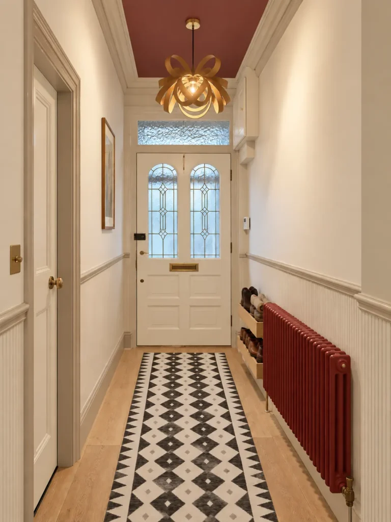 Design visual of a period hallway with a terracotta ceiling, white panelling, a red column radiator, a sculptural ribbon pendant and a black-and-white runner