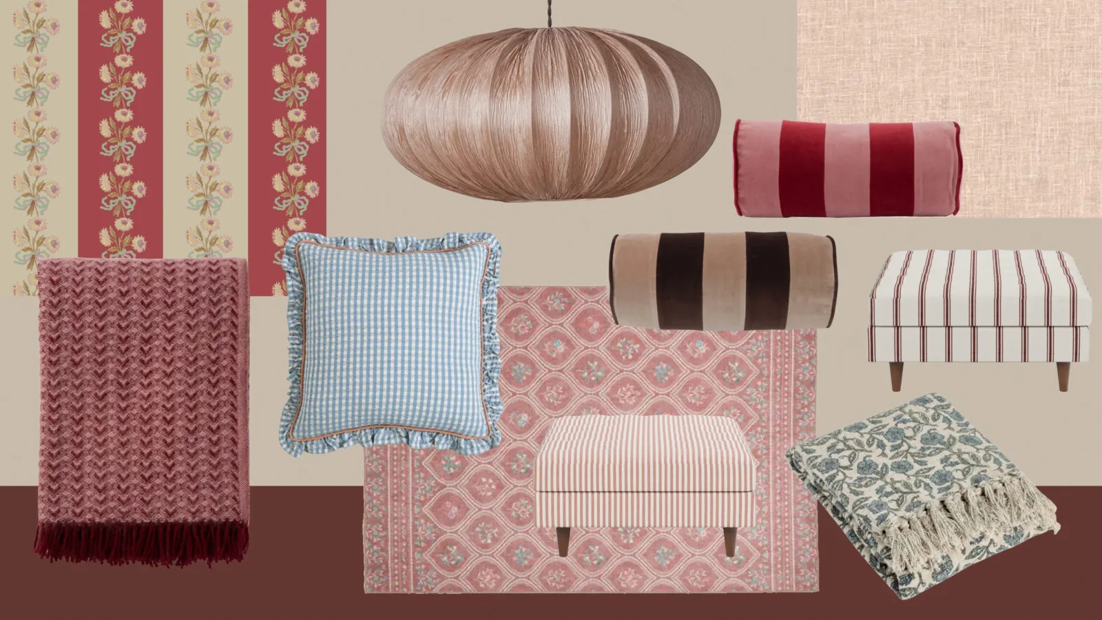 Interior design moodboard for a cosy front room: red and cream floral striped wallpaper, a pleated blush pendant light, striped bolster cushions, a blue gingham cushion, a pink patterned rug, striped footstools and floral and knitted throws