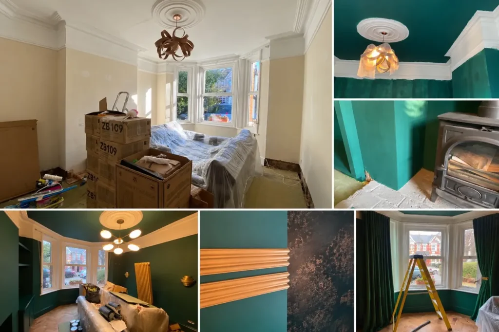Living room mid-renovation with boxes and dust sheets, then dark green paint on the walls and ceiling around the ceiling rose and wood burner