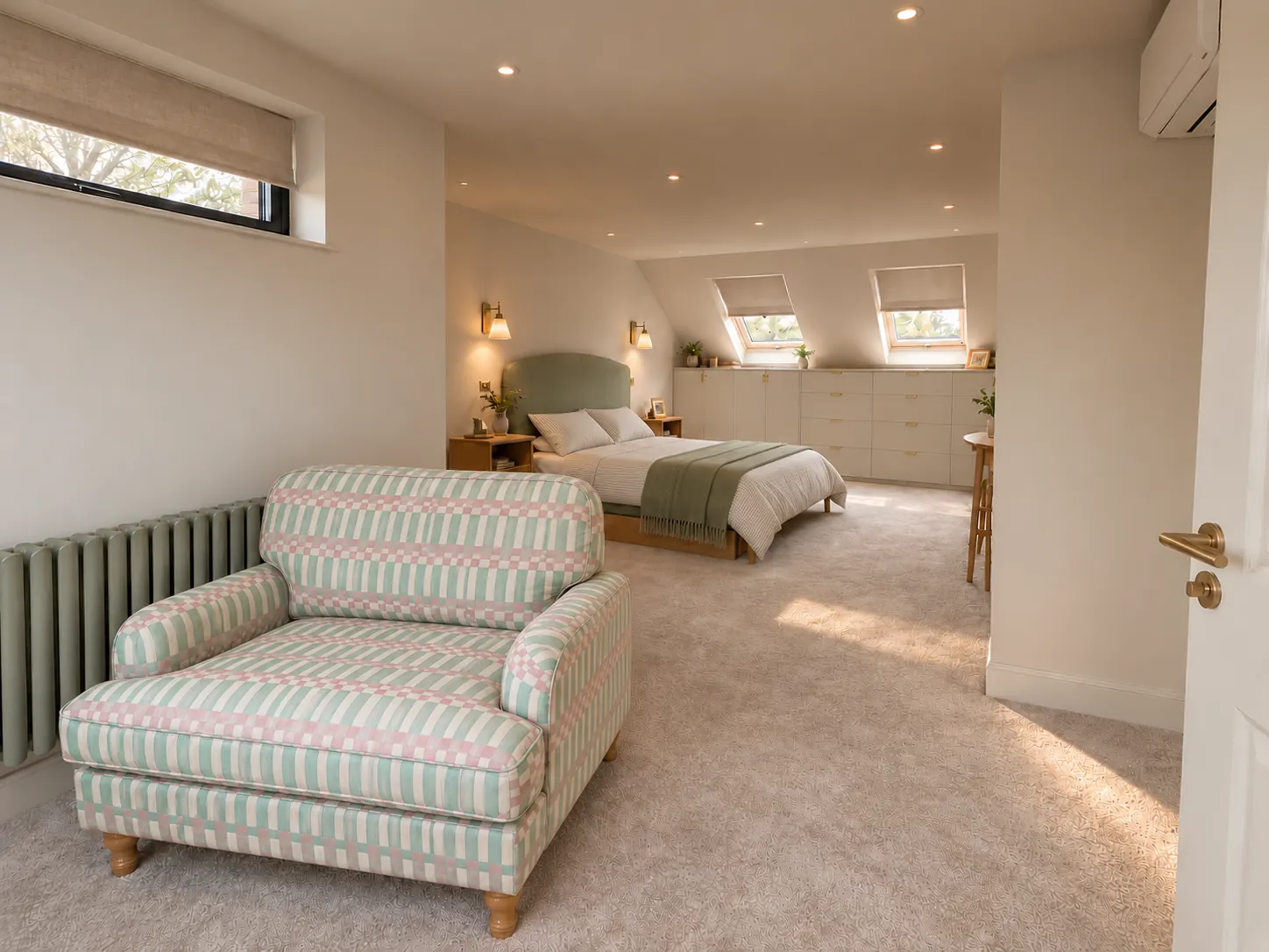 Design visual of a loft bedroom with built-in eaves storage, skylights with linen blinds, a sage upholstered headboard and a striped armchair