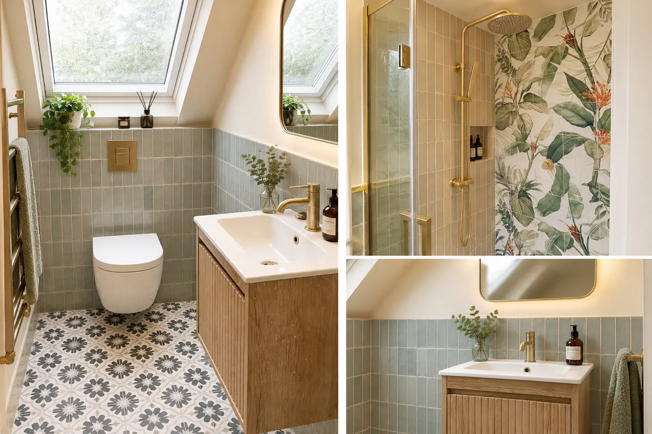 Design visual of the finished loft shower room with sage green vertical tiles, a botanical feature wall in the shower, brushed brass fittings, a fluted oak vanity and a patterned floor
