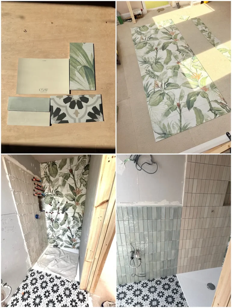 Tile and paint samples laid out on the loft floor, a botanical tile panel dry-laid, then sage green and warm neutral vertical tiles and a patterned floor going in