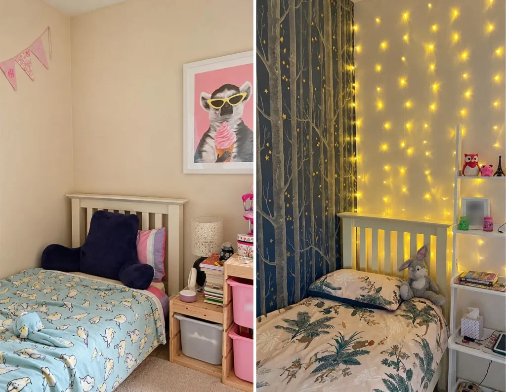 Before and after of a girl's bedroom: cream walls, bunting, a pink lemur print and pink toy storage, then a dark woodland wallpaper with gold stars, a curtain of warm fairy lights and a jungle-print duvet